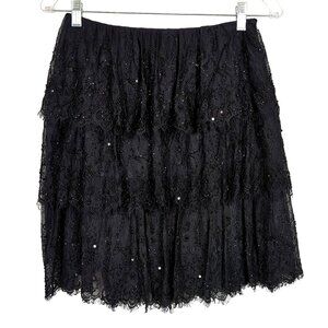 Mary Bays Black Beaded Lace black Skirt Sz 4 Tiered Fringe Hem Party Evening